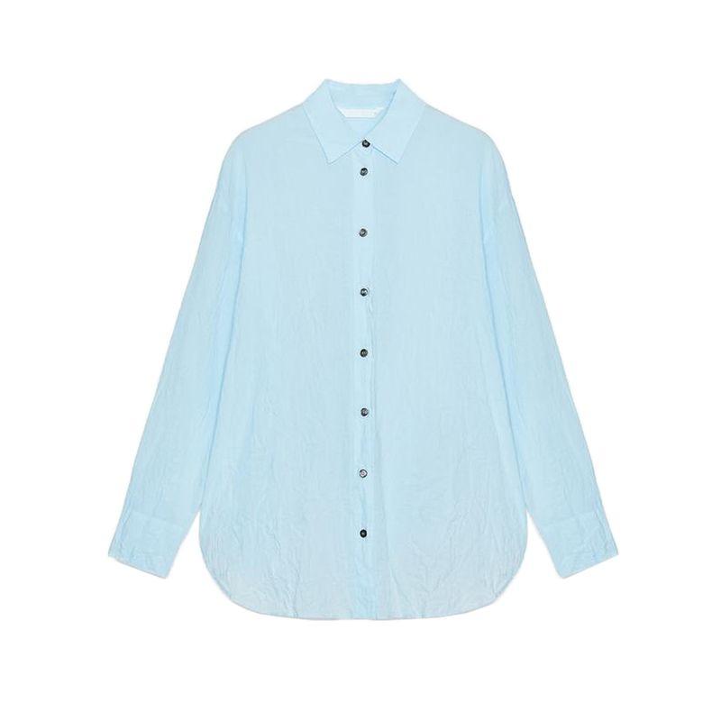 

Summer New Product Women s Clothes Cotton Blend Asymmetric Hem Contrast Color Button Ruched Lapel Shirt 8041278 Light Blue L