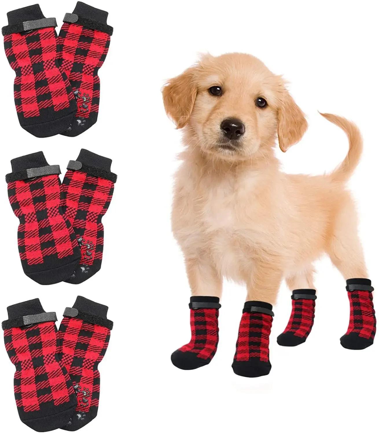 

4Pcs Adjustable Anti-Slip Dog Socks Pet Non-Slip Paw Protection With Paw Print For Puppy Dog Indoor Control Wear On Floor Decor L красный