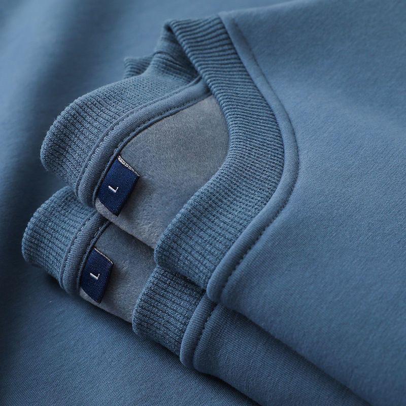 Pure Cotton Plush Thickened Sweatshirt Thin Plush Heavyweight Solid Round Neck Sweater Autumn Winter Warm Sweater