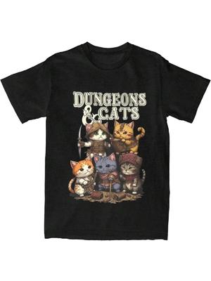 Dungeon Dragon Cats Print T-Shirts Vintage Tägliche Freizeit Vielseitig Lässig Herren unisex Harajuku Kurzarm Baumwolle Lässig Unisex