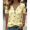 Fashionable and Elegant Zipper V-neck Color Blocked Printed T-shirt, Plus Size Women's Short Sleeved Summer Loose T-shirt