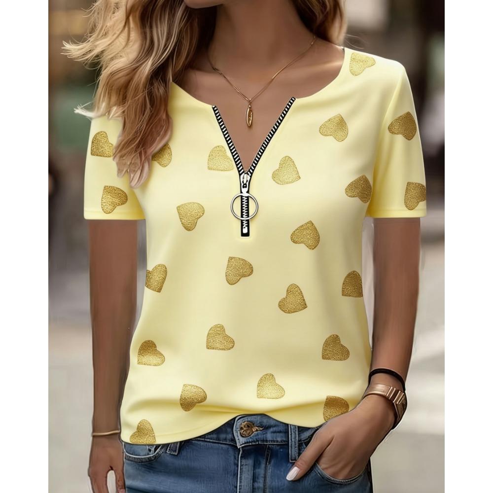 Fashionable and Elegant Zipper V-neck Color Blocked Printed T-shirt, Plus Size Women's Short Sleeved Summer Loose T-shirt
