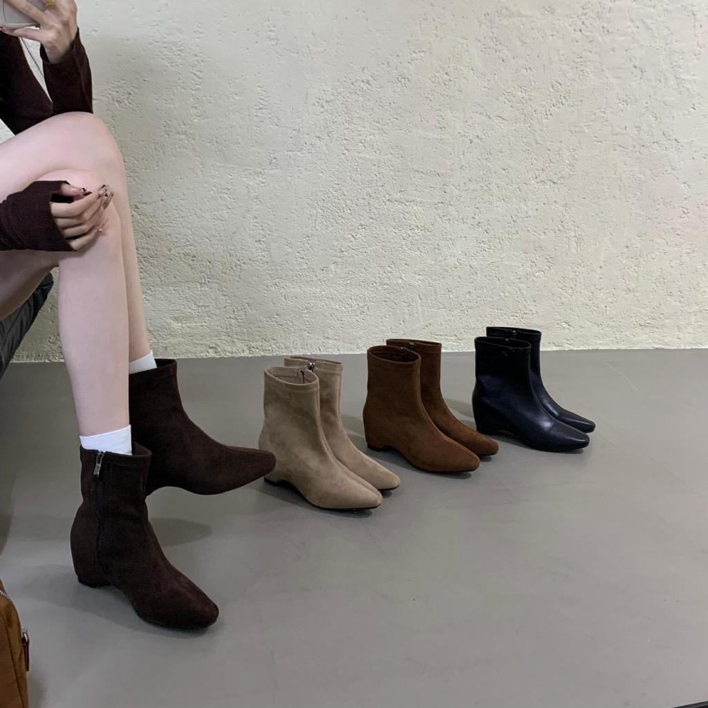 Small Invisible Inner French Vintage Maillard Skinny Boots Women's Side Zipper Short Boots Naked Boots