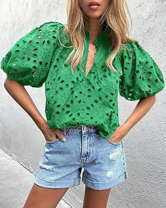 Women's V-Neck Lace Embroidery Lantern Sleeve Summer Top
