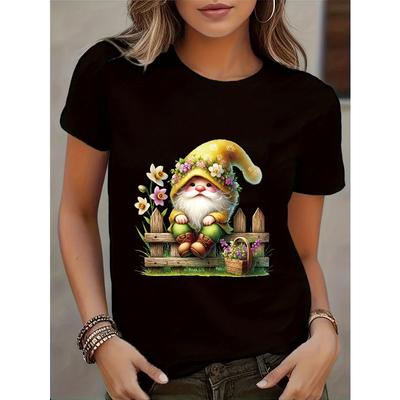 Women Gnome Graphic T-Shirt Spring Floral Poinsettia Crew Neck Short Sleeve Garden Party Everyday Machine-Washable Top