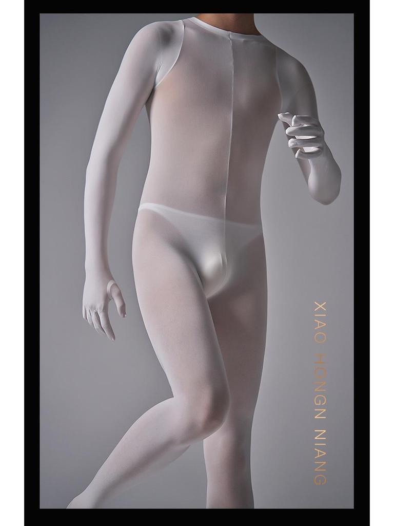 Pánské plus size sametové body s pětiprstými rukavicemi a kalhotami bez zad - Sexy černé punčochy