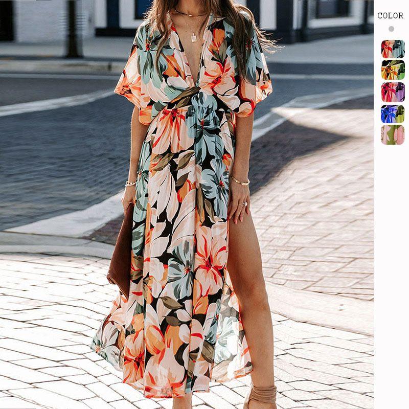 Printed Slim Dress2025 Summer European and American Women clothes New Sexy Fashion Print Split Dress