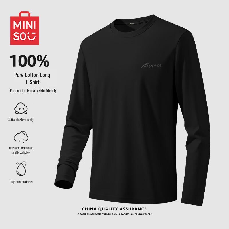 MINISO Men's 220G Heavyweight Pure Cotton Long Sleeve T-Shirt