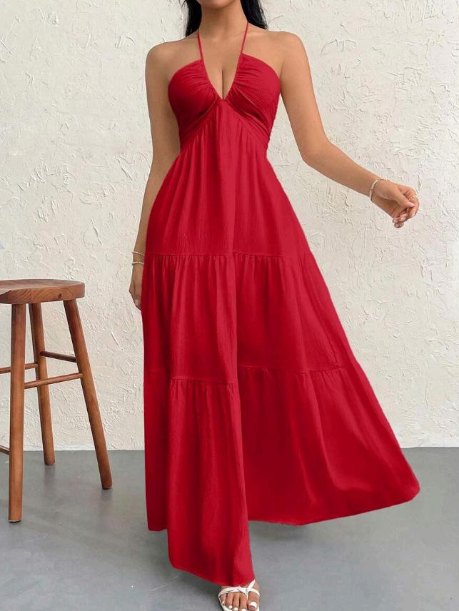 2026 Europäisches & Amerikanisches Patchwork V-Ausschnitt Strandkleid: Spaghettiträger-Sommerrock im französischen Stil für Damen