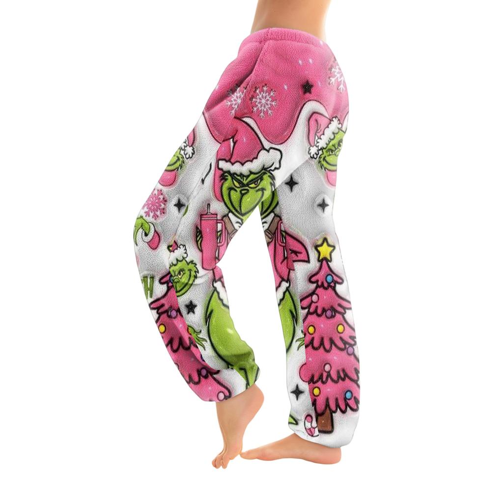 Women's Christmas  Print Trousers With Drawstring Cuffs Casual Pants And Pajamas