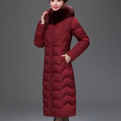 Jaqueta de Algodão Acolchoada com Capuz e Gola de Pele Feminina Roupa de Inverno Mãe de Meia-Idade Casaco Médio-Longo Espesso Quente
