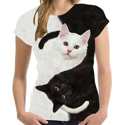 Summer Round Neck 3D Cat Pattern Printed Top Fashionable Casual Cute Short Sleeved Women's T-shirts