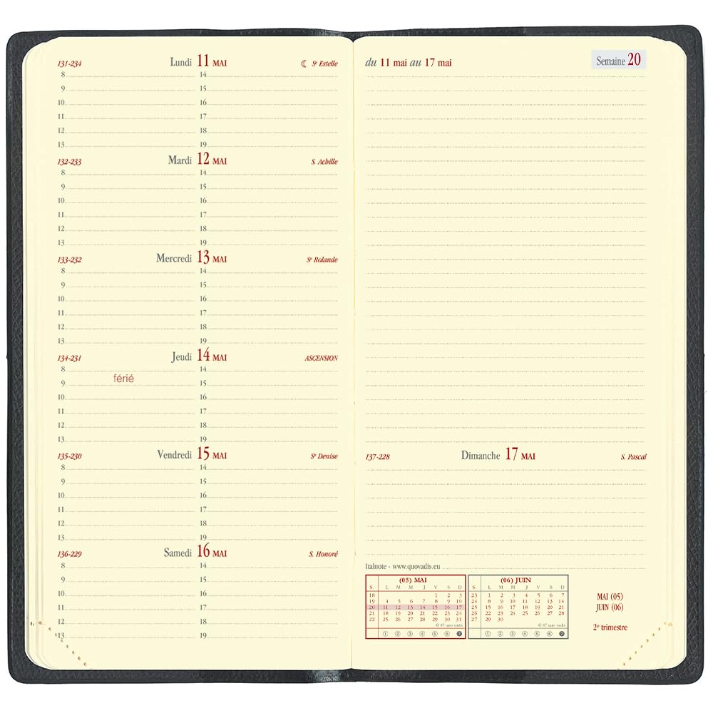 Quo Vadis 2026 Edition Italnote/Ampara Planner Diary (Weekly Left, Starting December 2025, Slim Size 17 x 8.8cm, French Edition) Red (qv28401rd)
