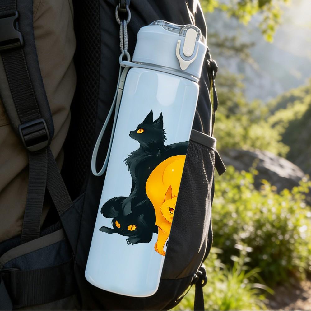 1PC Dual Black Yellow Cats Art 750ml Color Plastic Sports Water Bottle Leakproof Flip Straw Lid Suitable for Sports Office Home Use