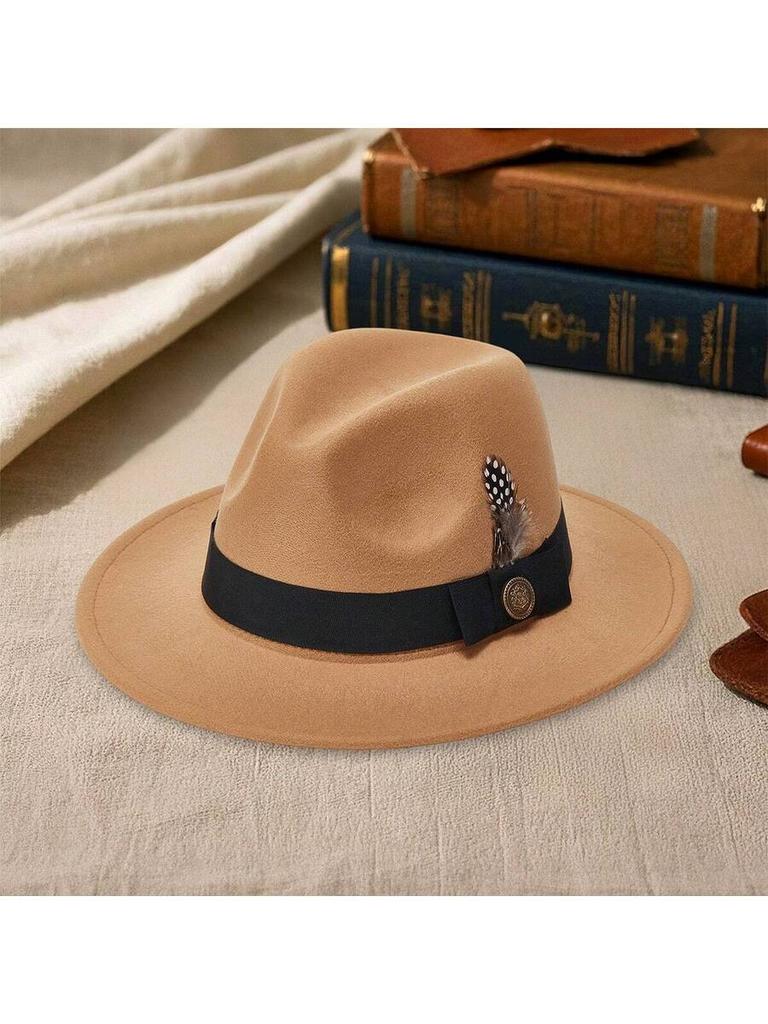 Elegant Wide Brim Fedora Hat With Feather And Belt For Party Festival
