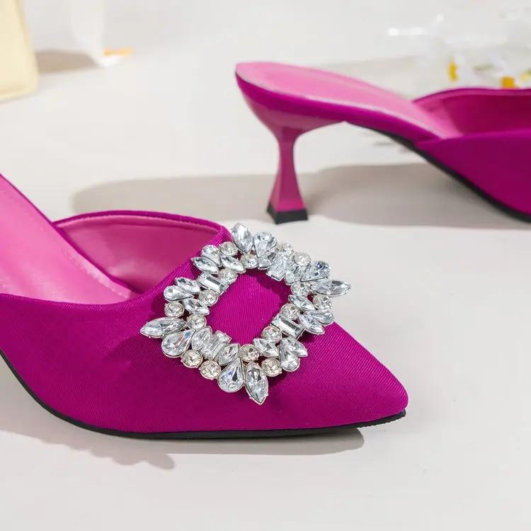 Summer New Women Slippers Sexy Pointed Toe Rhinestone High Heels Woman Slip on Heeled Mules Fashion Banquet Women Wedding Pumps