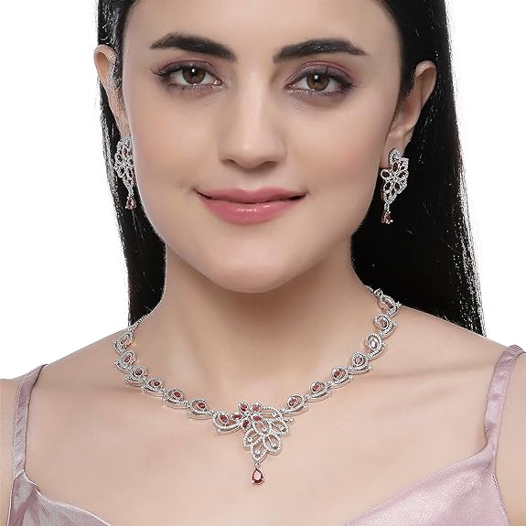 Rhodium-Plated American Diamond Studded Floral & Paisley Shaped Necklace With Earrings Jewellery Set For Girls and Women