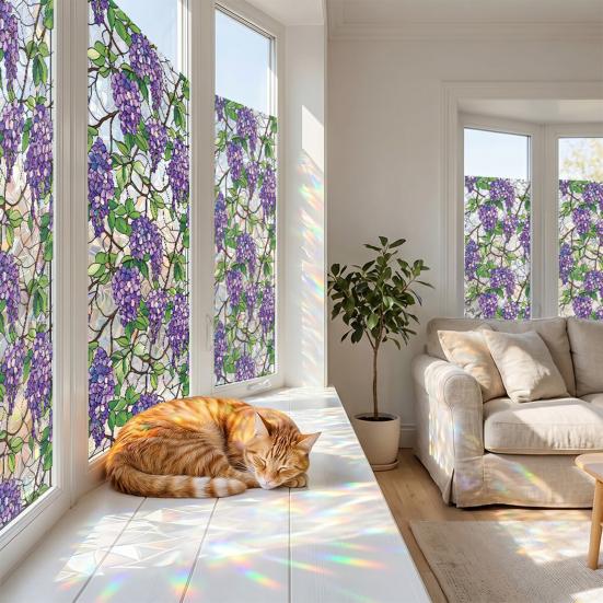Window Privacy Film, Stained Glass Pattern Decorative Window Sticker, Rainbow Static Cling, Sun Blocking Reusable Decals for Glass Doors, Bedroom