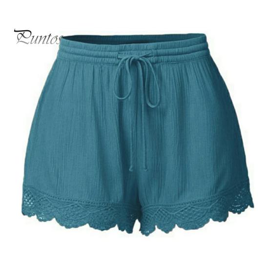

Летние женские шорты трапециевидной формы с кружевным краем, чистый цвет, большие размеры, эластичный шнурок с высокой талией, плиссированные, свободные, повседневная домашняя одежда для свиданий, пляжный мини-отпуск 3XL озеро синий
