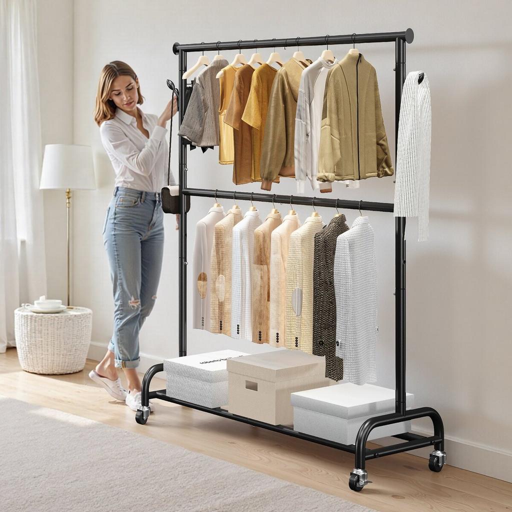 Clothes Rack, Rolling Clothing Garment Rack with Adjustable Crossbar and Side Hooks, 68 kg Load Capacity, Heavy Duty Carbon Steel Clothing Racks with