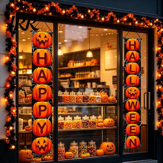 Party Hanging Decoration Halloween Porch Sign Banner, Pumpkin Ghost Awning Wall Decorative Accessory Door Decoration, Front Wreath Banner Yard Festive