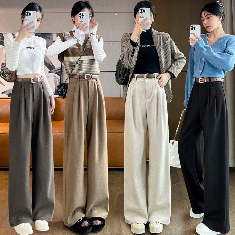 2026 Autumn/Winter Velvet High-Waisted Woolen Wide-Leg Floor-Length Pants for Women