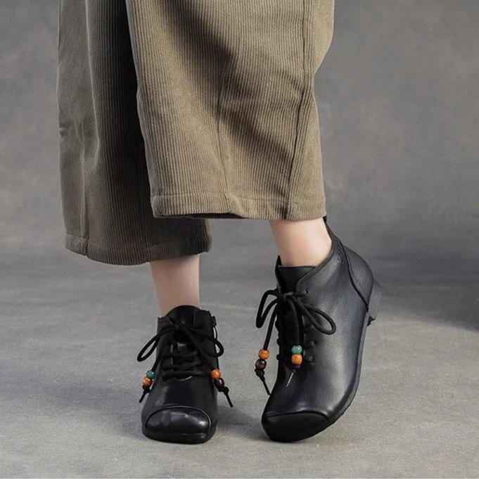 Johnature Retro Round Toe Genuine Leather Ankle Boots Versatile Soft Soled Comfortable Women's Shoes