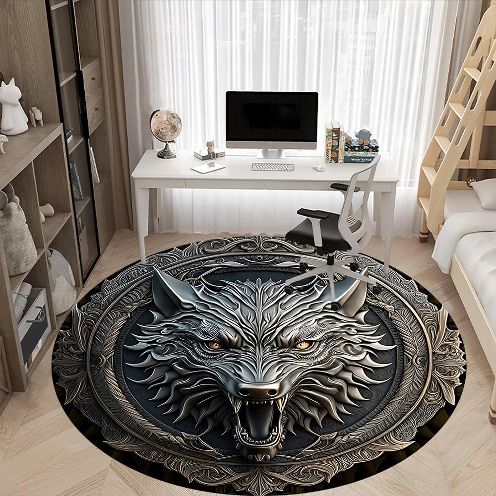 1PC Wolf Shield Office Round Rug, Non Slip, Soft and Durable Office Rug for Interior Decoration, Perfect for Office