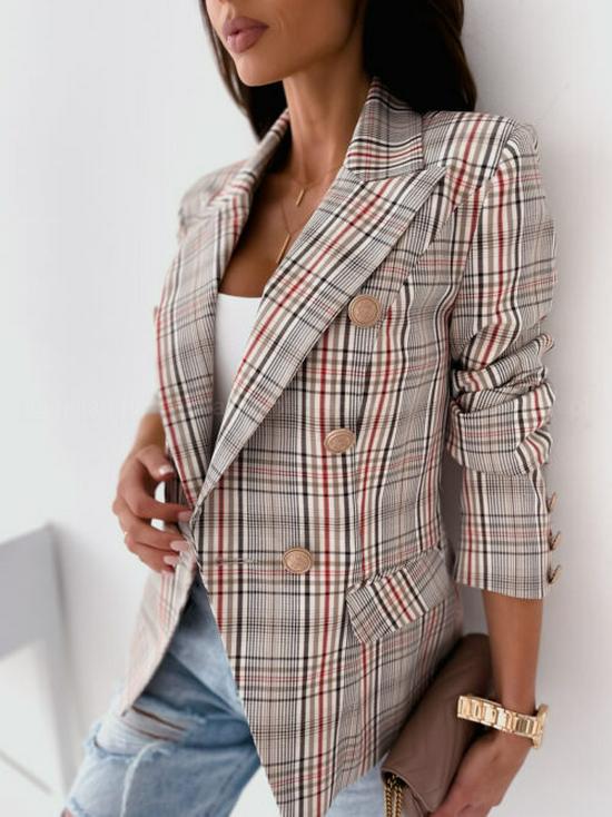 Autumn/Winter Plaid Double-Breasted Long Sleeve Suit Jacket