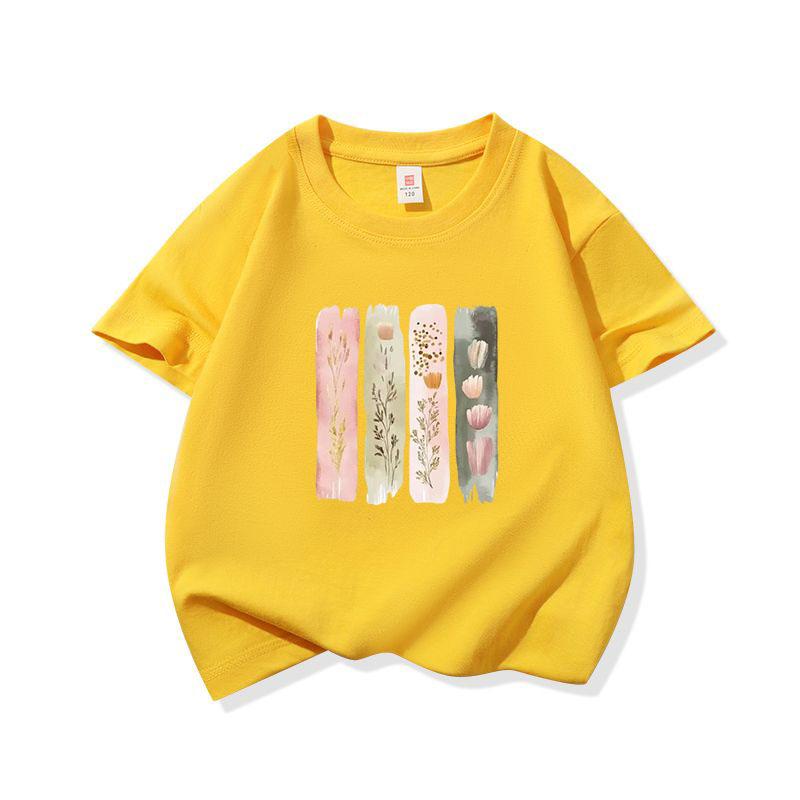 Kids Cotton T Shirt Minimal Tulip Stripe Floral Print Crew Neck Short Sleeve Tee Casual Boys Girls Summer Tops 100