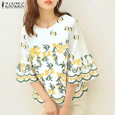 Γυναικεία Καθημερινή Μπλούζα με Στρογγυλή Λαιμόκοψη, 3/4 Μανίκια, Φλοράλ, Άνετη