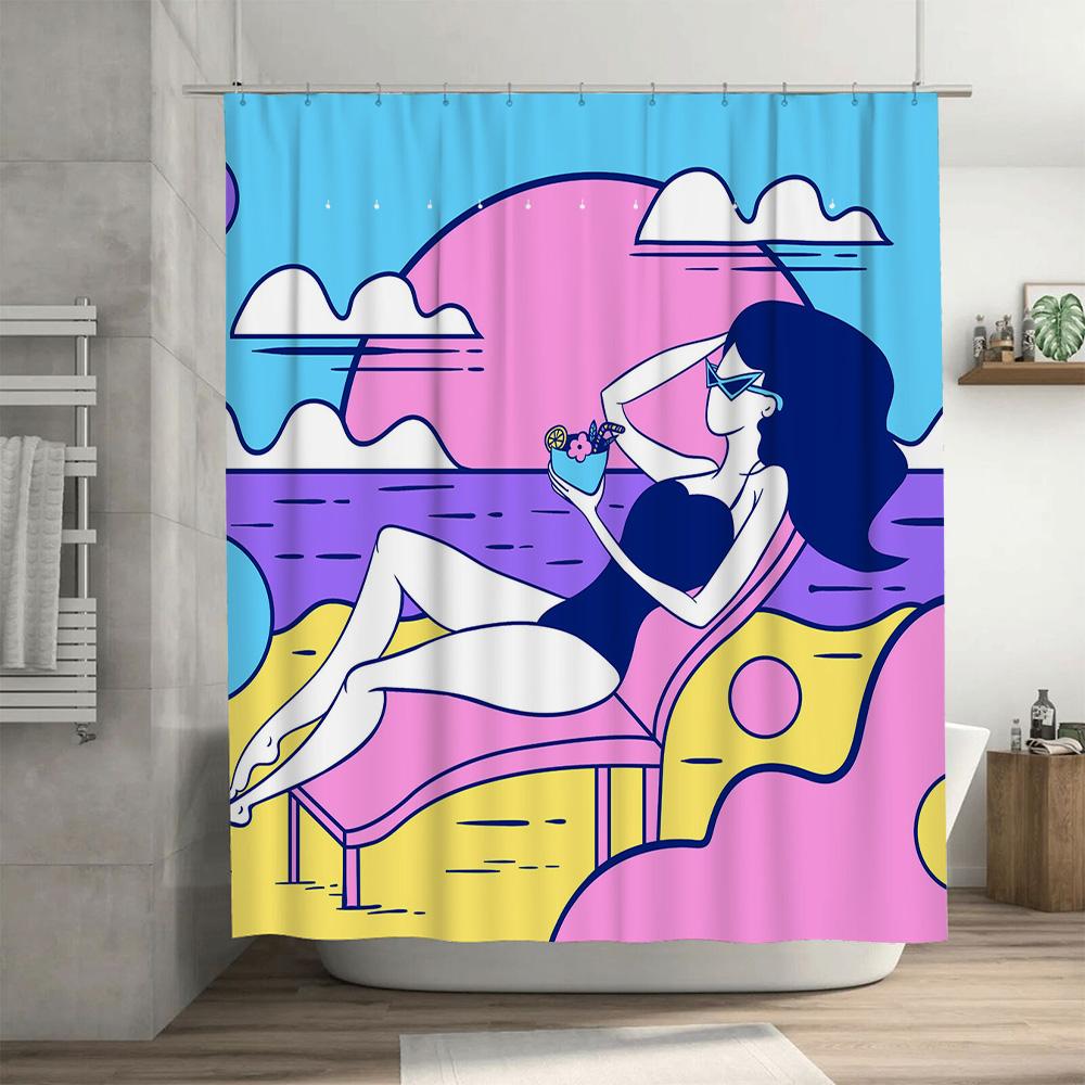Blue Watermark Shower Curtain with Girl Summer Pattern for Bathroom Decor 72x78in (183X200cm) Modern Print Waterproof Customizab