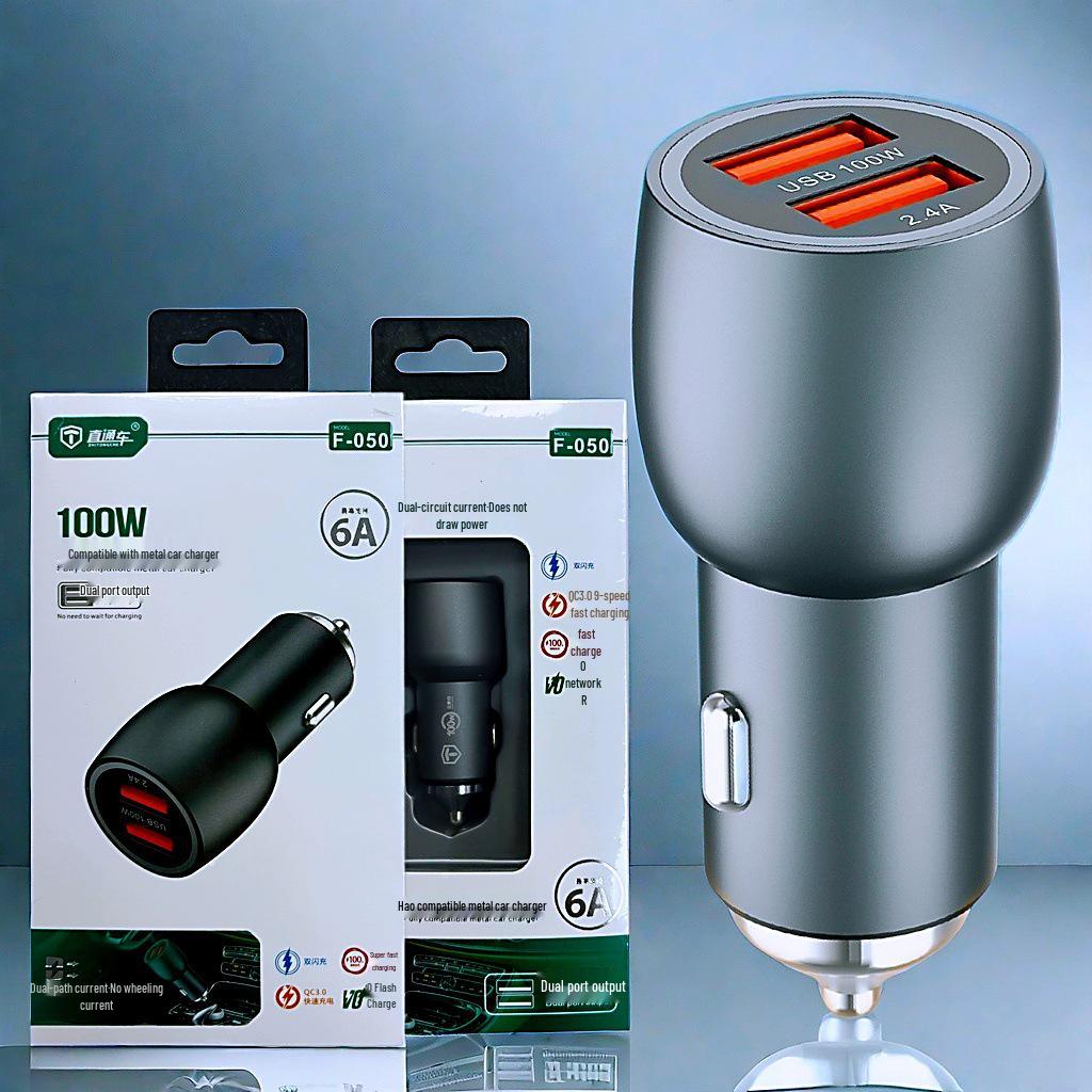 

Металлическое автомобильное зарядное устройство 100 Вт, двойная быстрая зарядка USB, мини-адаптер для мобильного телефона Straight-through F050 Car Charger