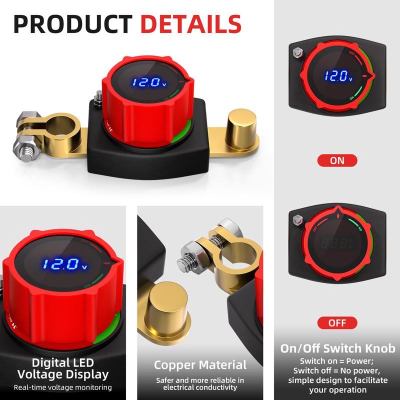 Top Post Battery Disconnect Switch 12V-48V with LED Voltmeter DC 5-60V Battery Kill Switch On/Off Battery Cut Off Switch For Car