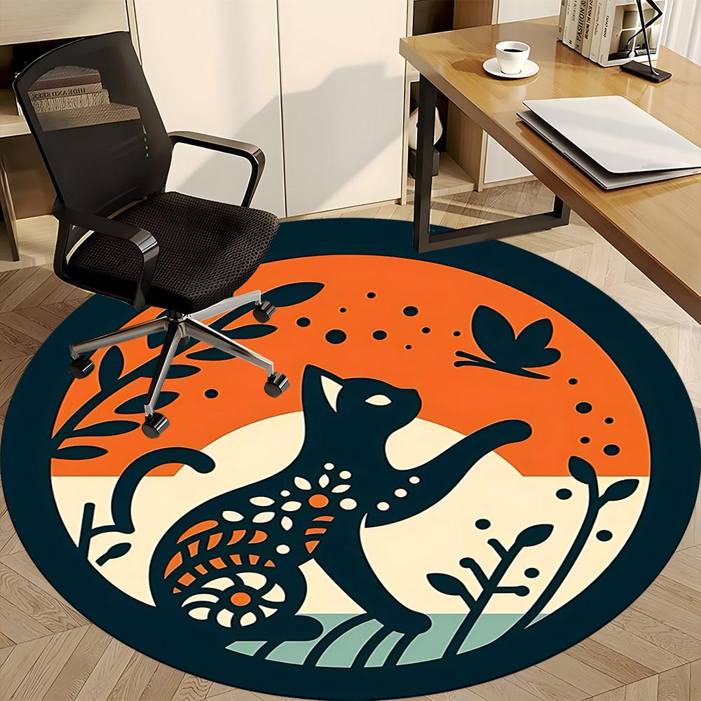 1pc Cat Butterfly Office Round Area Rug, Mat Suitable For Office, Under Office Chairs Bedroom Living Room Home Decor, Room Deco