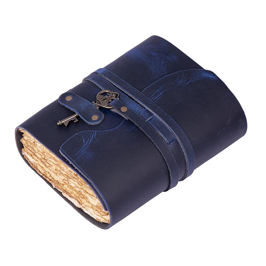 Handmade Vintage Leather Diary - Vintage Handmade Pages - Antique Key Closure - Blue Color. Size 6x4 Inches