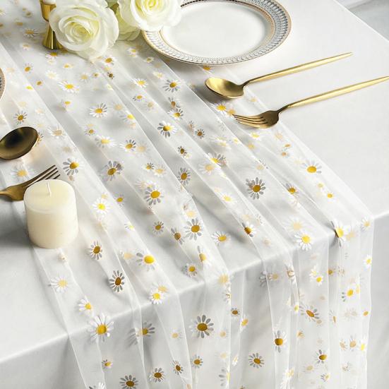 Tüll Gänseblümchen Tischläufer Frühling Blumiger Tischläufer Rustikaler Blumen Tischläufer für Hochzeit Babyparty Geburtstagsparty Bauernhaus Dekor