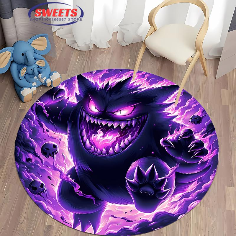 Pokemon Gengar Druck Runder Teppich, Kinderzimmer Bodenmatte Rutschfest Wohnzimmerteppich, Waschbarer Teppich für Heimdeko Geschenk Potdemiel