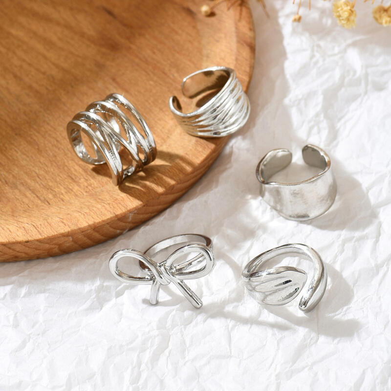 5Pcs/Set Geometric Irregular Metal Lines Opening Rings for Women Men Exaggerated Bow Knot Finger Rings Party Jewelry Accessories