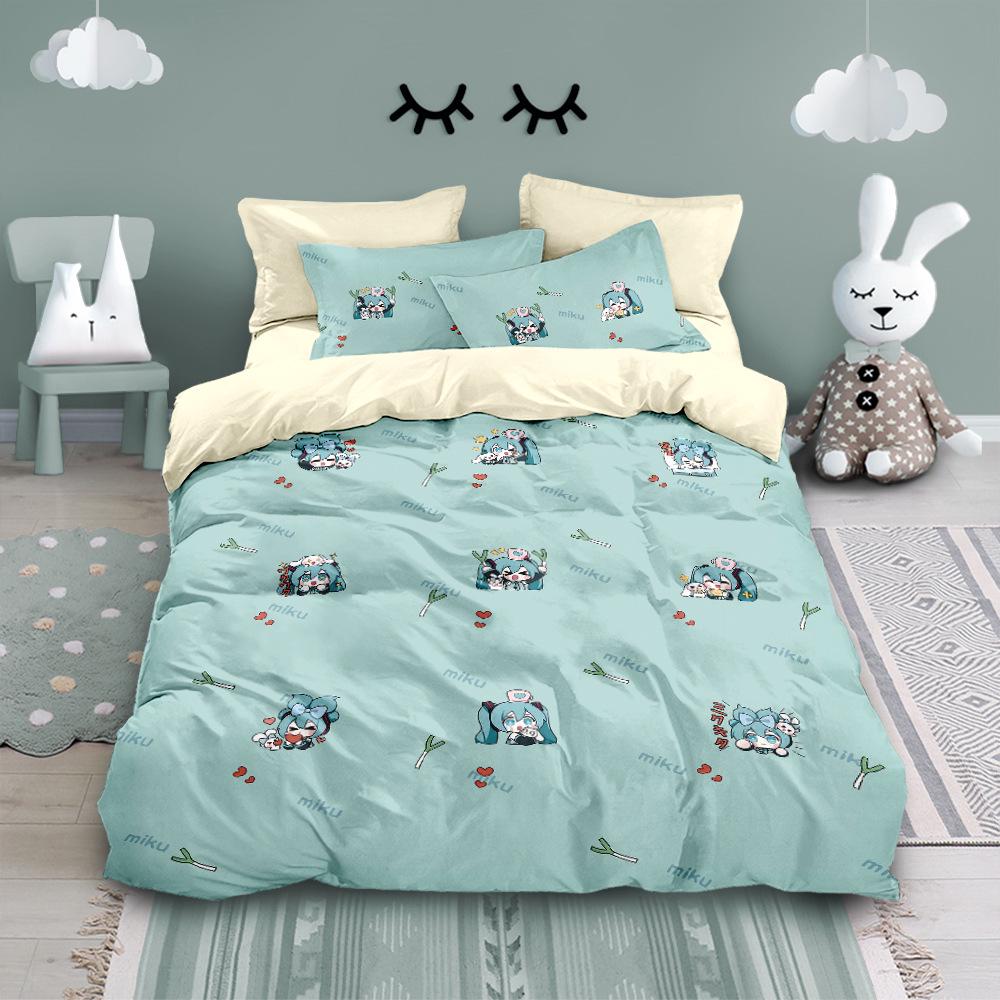 Hatsune Miku Pure Cotton 4-Piece Bedding Set: Cute Duvet Cover & Fitted Sheet for Students
