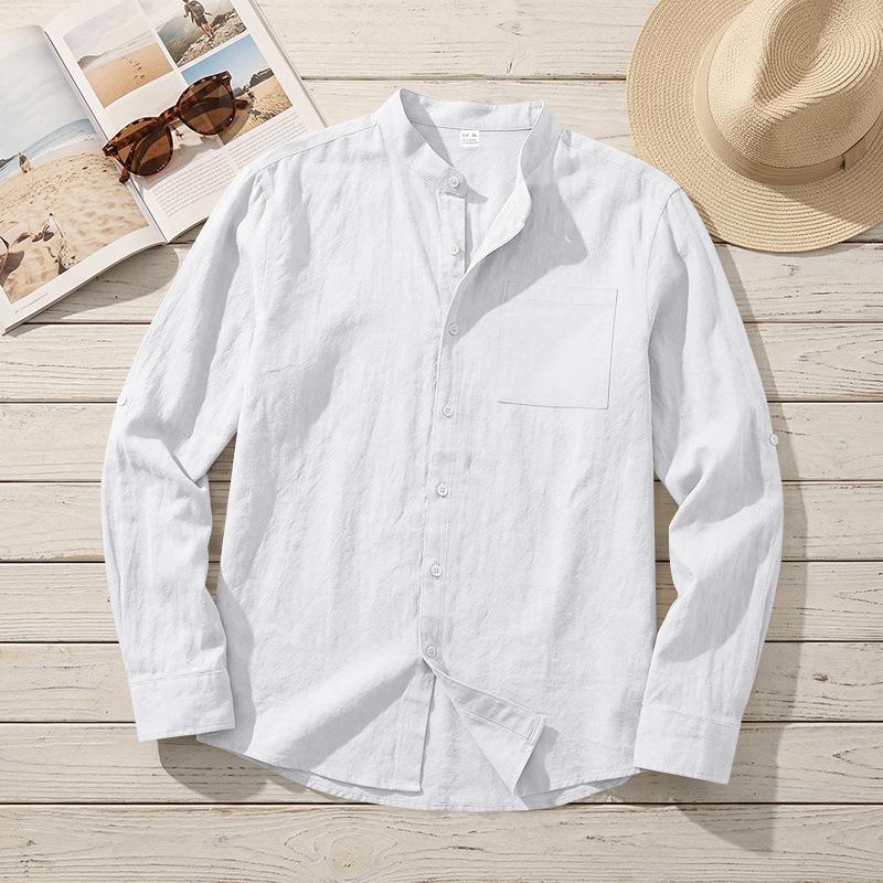 Summer Mens Linen Blend Stand Collar Long Sleeve Casual Shirt S белый