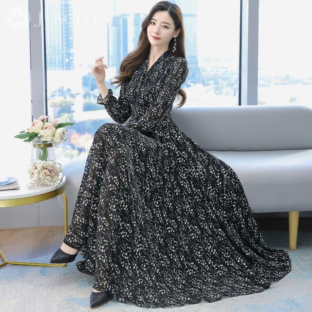 Long Chiffon Dress for Small Floral Puff Bow Tie High Black [J-Scott] Women, Print, Sleeves, Ribbon, Waist, A-Line, JS08-BK-2XL