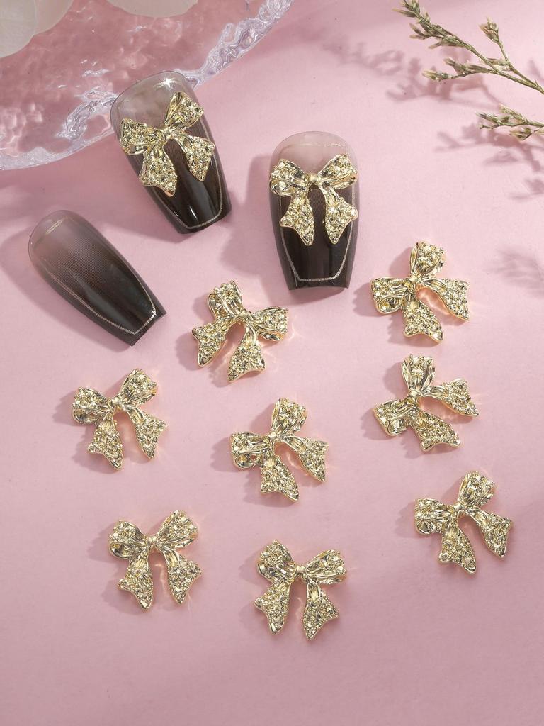 10pz Charms Unghie Fiocco Oro Argento Lega 3D Decorazioni DIY per Unghie