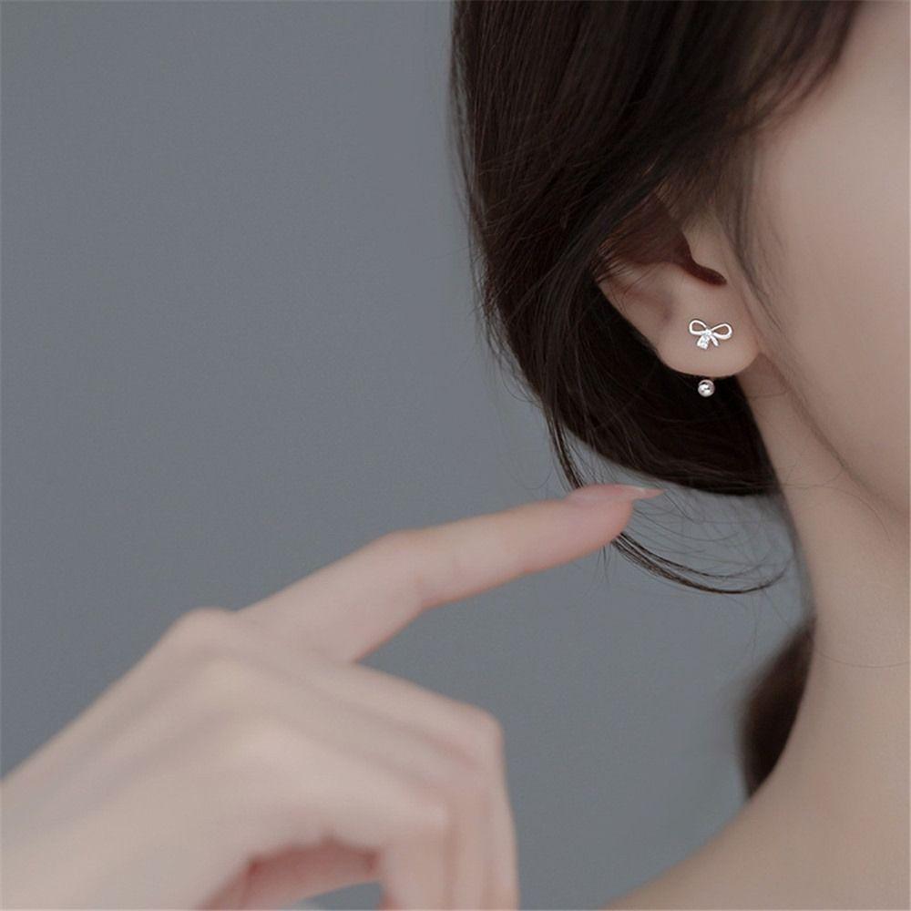 

Mini Silver Earrings Sweet Zircon Earrings Temperament Bow Stud Earrings Daily