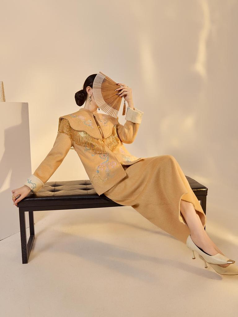 Embroidery Merino Wool Two-Color Double-Sided Coat and Skirt Set in New Chinese Style