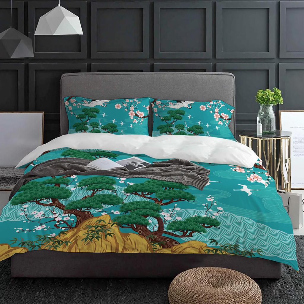 Japanischer Stil Kran Kirschblüte Vintage 3-teiliges Bettwäscheset für Doppelbett Heimtextilien Bettbezug Steppdeckenbezug Kissenbezug