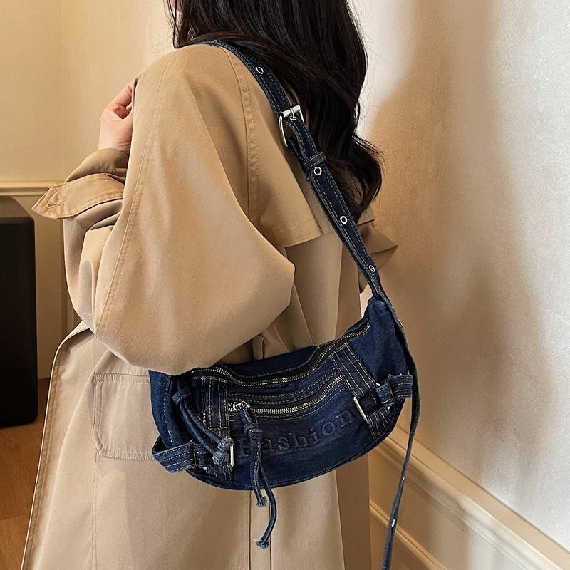 2025 Japan and South Korea New Old Washed Denim Dumpling Bag Large Capacity Leisure Commuter Single Shoulder Crossbody Dumpling Bag