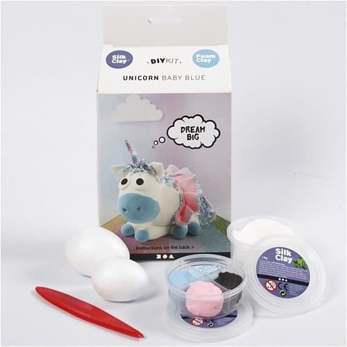 Kit de modelage - SILK CLAY - FUNNY FRIENDS LICORNE BLEU - 4 couleurs - Pâte à paillettes - Styromousse