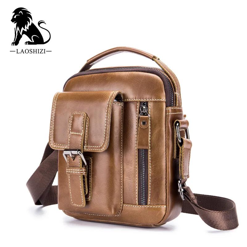 LAOSHIZI 2024 Brand Genuine Leather Shoulder Bag Men Messenger Bags Small Casual Flap Zipper Design Male CrossBody Bag