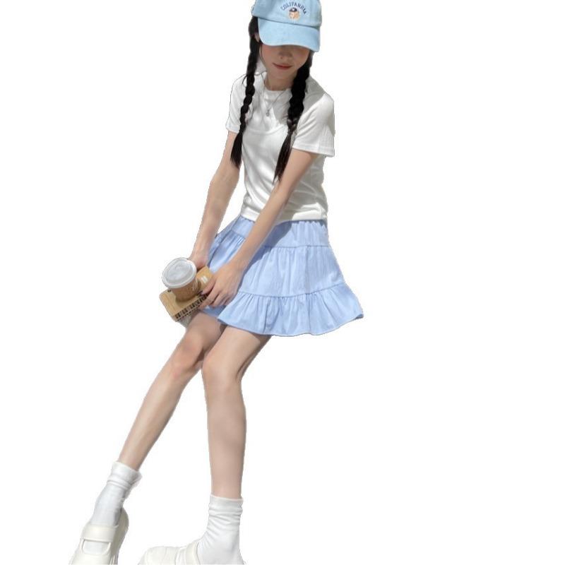 Blue High-waisted Skirt Women's Character Anti-light Spring and Summer Academy Style Simple Pleated Casual Cake Short Skirt